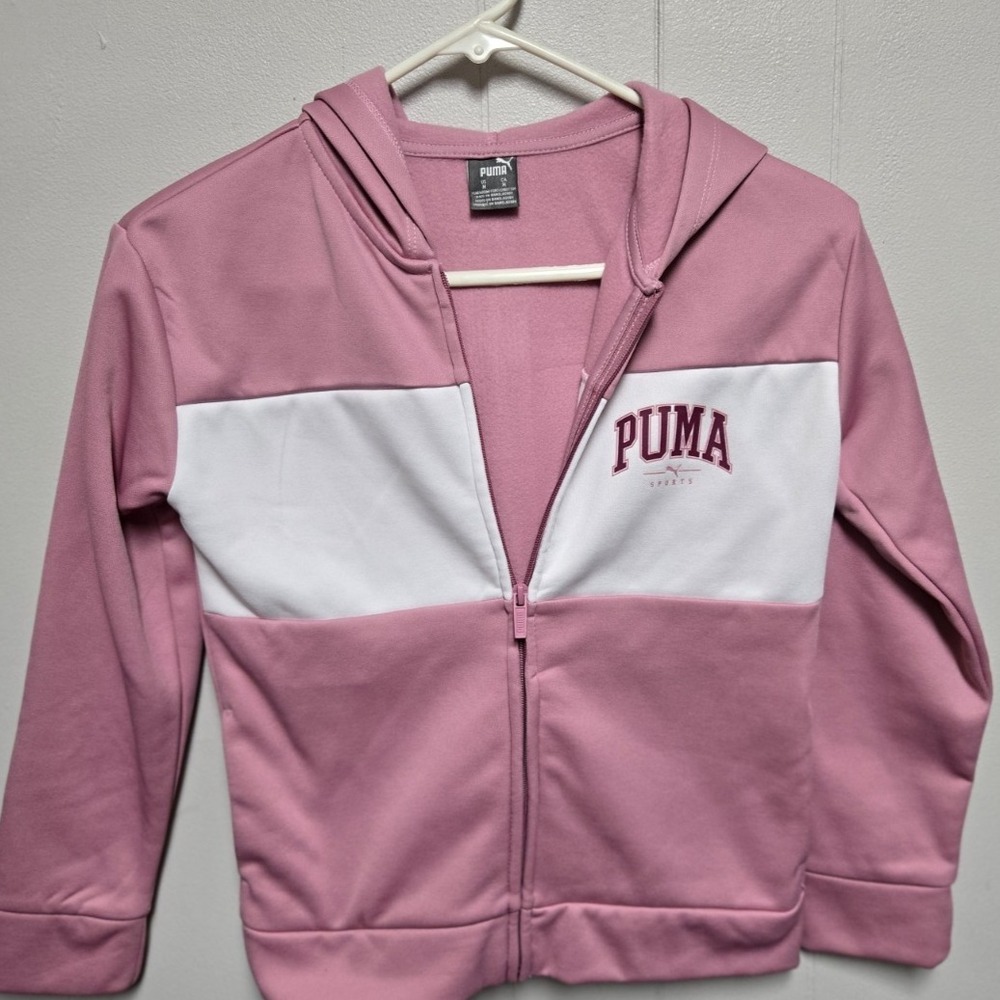 Girls M Puma Lightweight Jacket Pink‎ And White with Hood